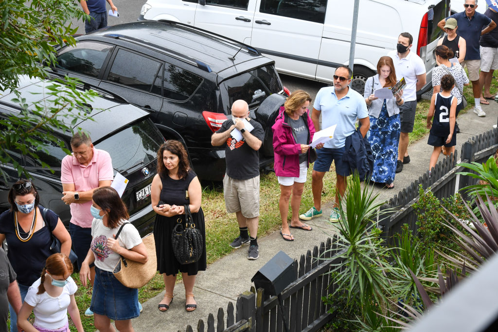 House hunters line up to inspect an open home at 60 Young Street Annandale on February 6, 2021. Photo: Peter Rae