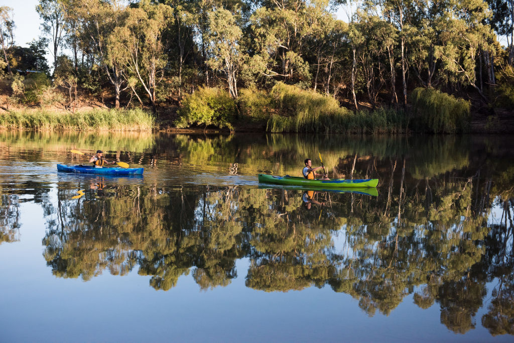 People kayaking on the Murray River near Echuca in northern Victoria. Photo: Emily Godfrey