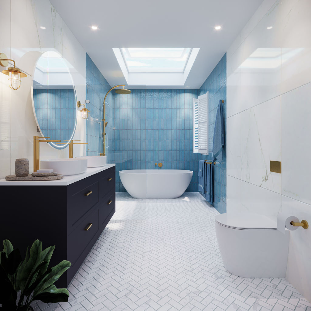 The Atmosphere tile in Ice Blue gloss adds a subtle pop of colour to this stylish bathroom. Photo: Beaumont Tiles