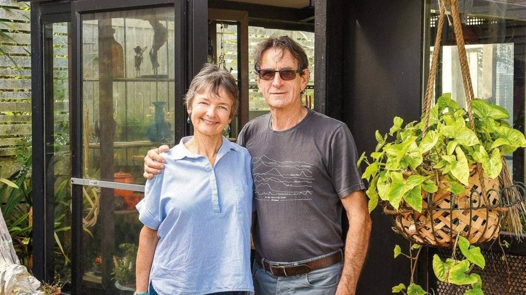 Sally and Mark Adams in front of their stylish shed. Photo: Kerry Marinkovich/NZ Gardener/Stuff.co.nz