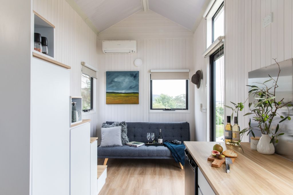 Interiors at the Tiny Away tiny home at Edgar Lake George Winery, NSW. Photo: Supplied
