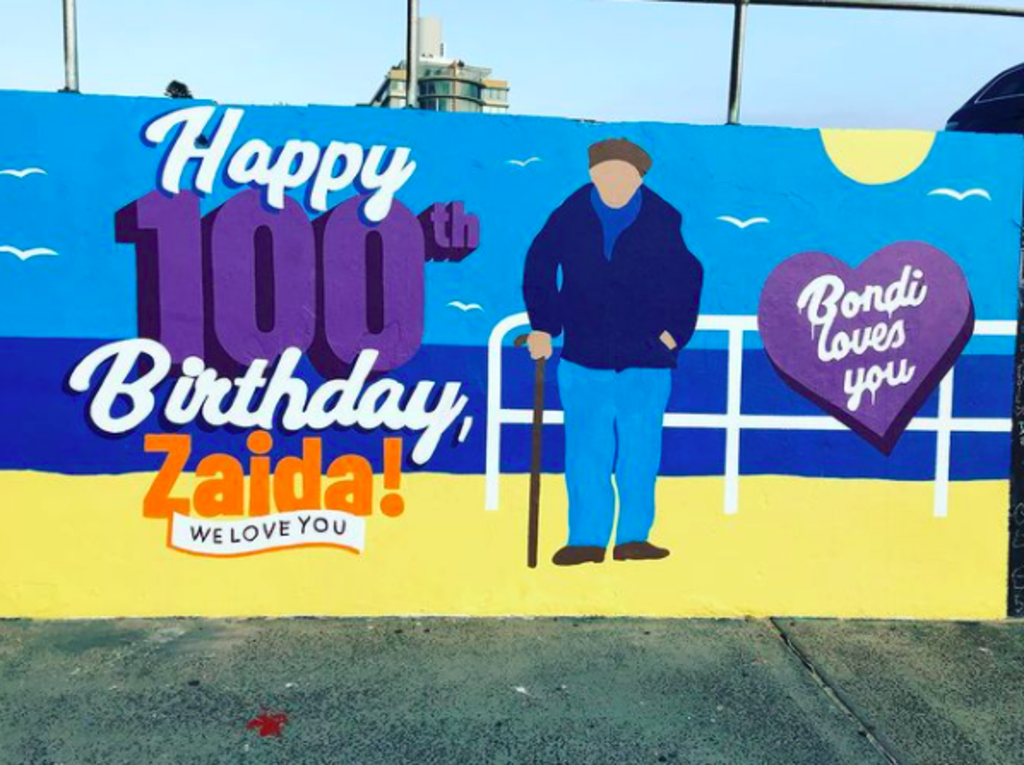 The mural celebrating Mr Friedman's 100th birthday at Bondi Beach. Photo: Instagram: Bondi Beach Graffiti Wall
