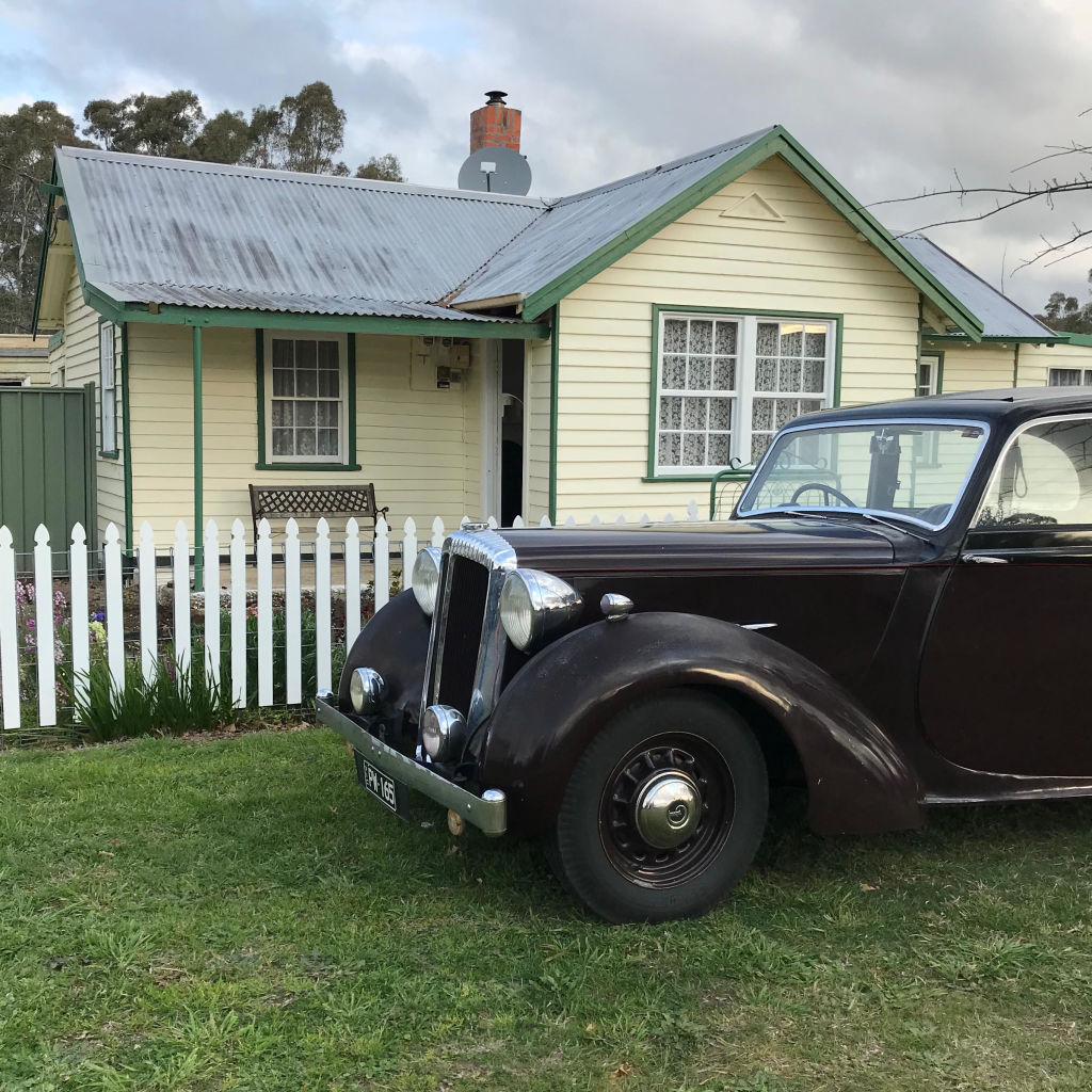 The 1947 Daimler DB18 belongs to Susan, parked outside her cottage. She is part of the Pyrenees Historic Vehicle Club. Photo: Susan Campbell-White