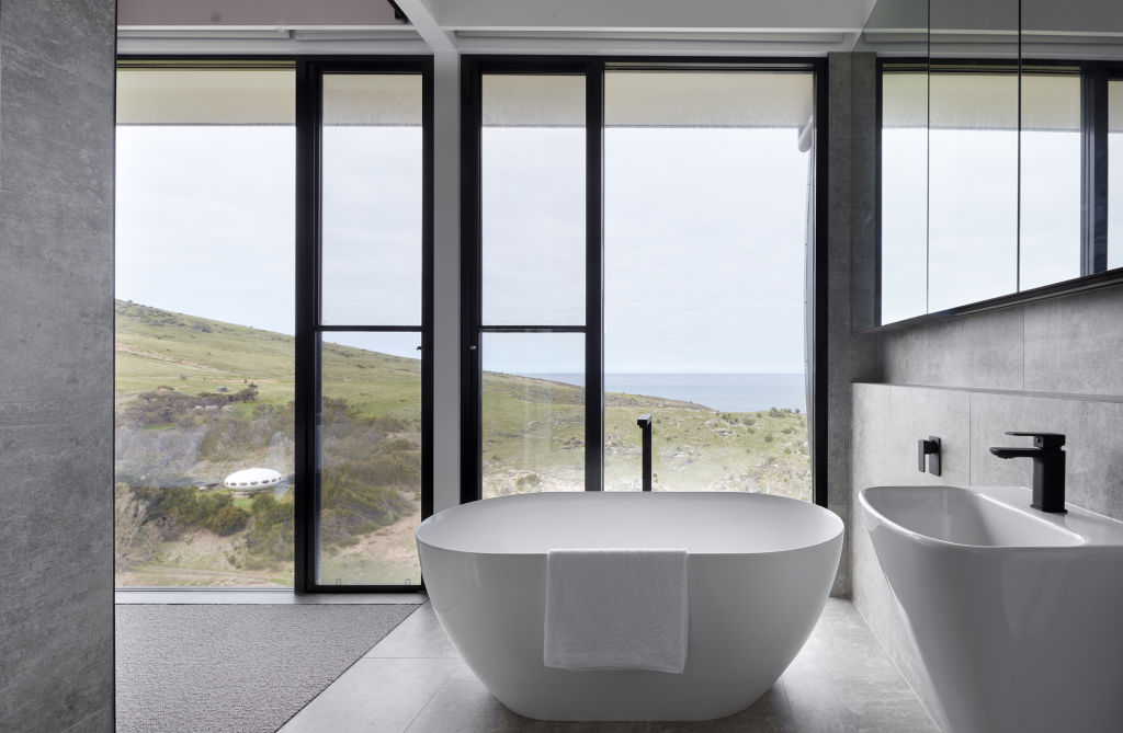 The unflying saucer, Futuro, is in view of one of the en suite bathrooms. Photo: Sam Noonan