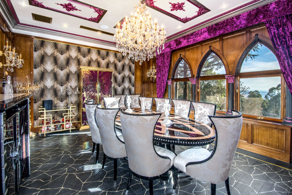 The renovated manor in the Dandenong Ranges features French chandeliers and porcelain Italian flooring.
