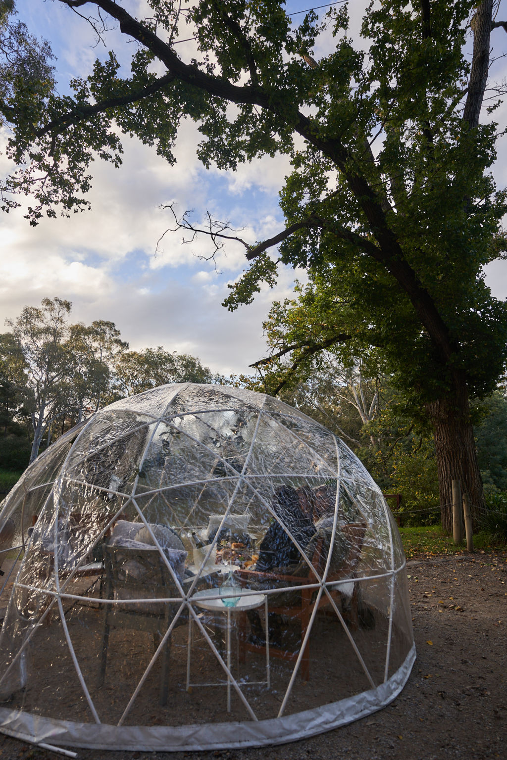 Studley Park Boathouse serves high tea in private igloos under the oak trees at Studley Park.