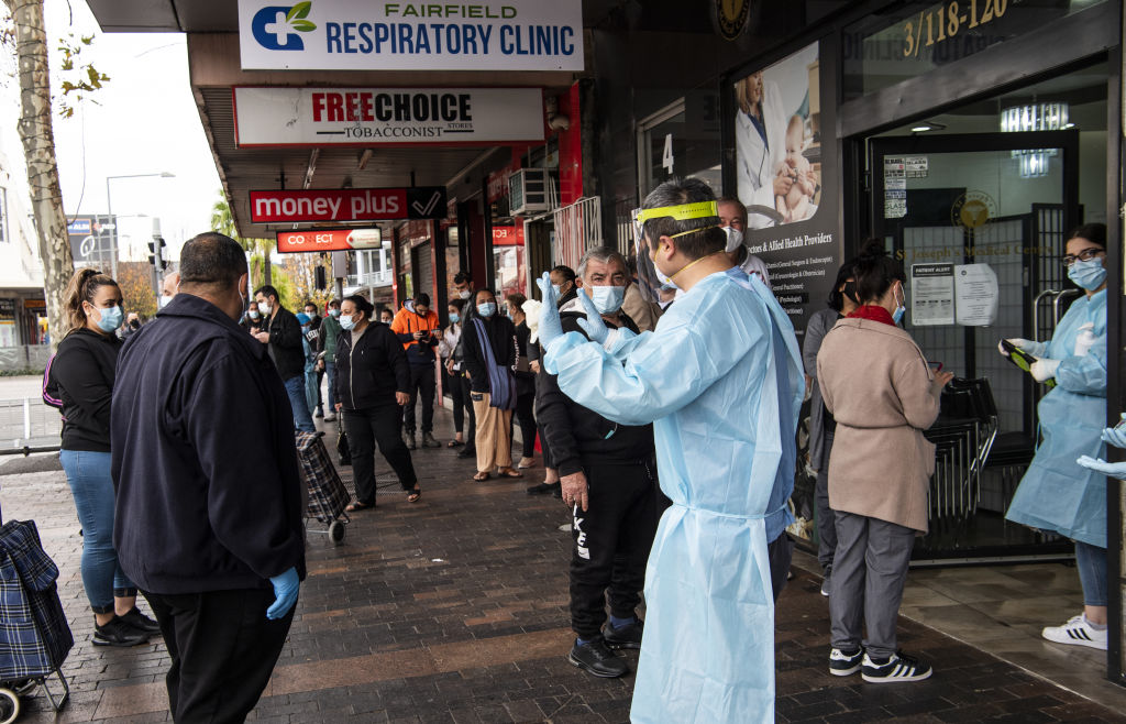 People queuing for the Fairfield respiratory COVID-19 testing clinic. Photo: Louise Kennerley