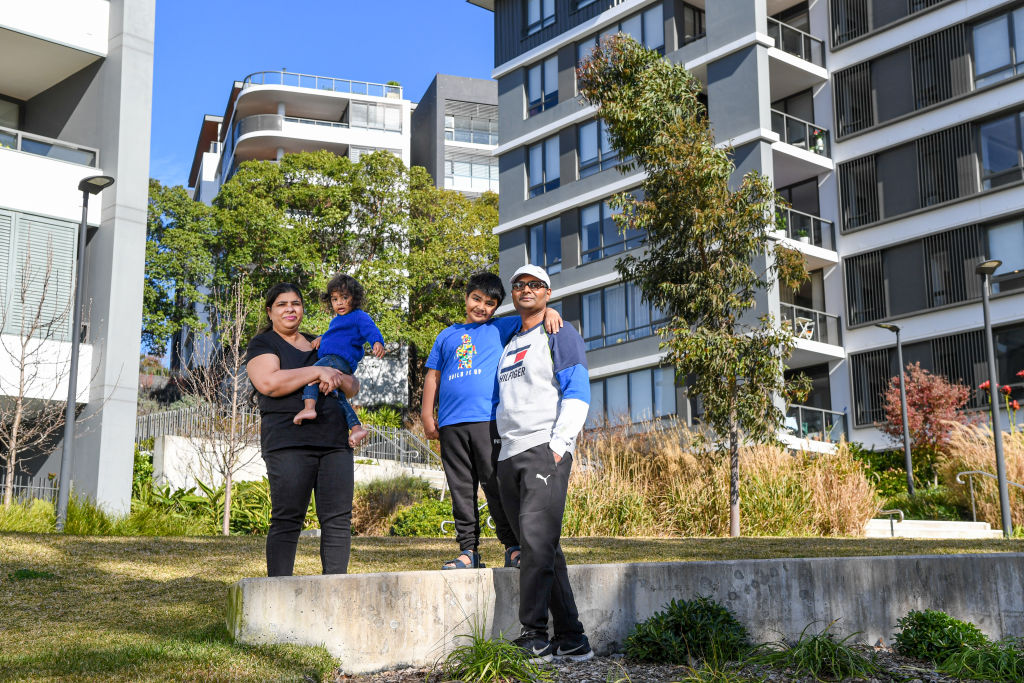 Pankaj Kumar with his wife Geetika Mohindru and their children Vyussh Sinha (9) and Viaan Sinha (21 months) have been priced out of the Ryde housing market. Photo: Peter Rae