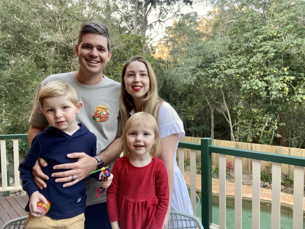 Katherine and Mitchell Hill with their two children, Hendrix (4) and Darcy (3). Photo: Supplied