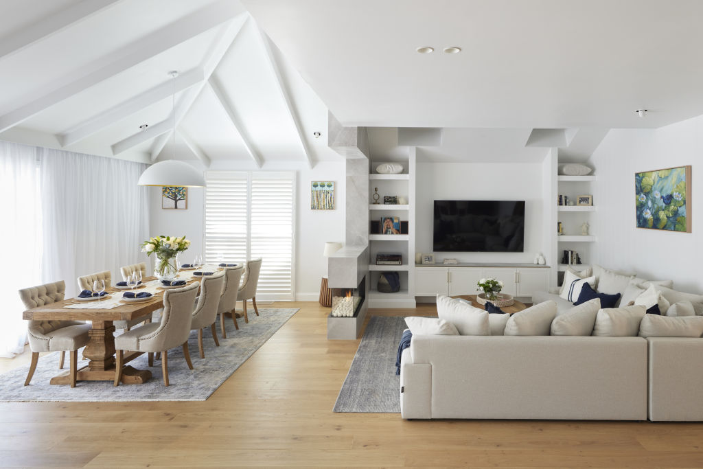 To die for: Kirsty and Jesse's living and dining rooms. All the white and blue! Photo: Channel Nine