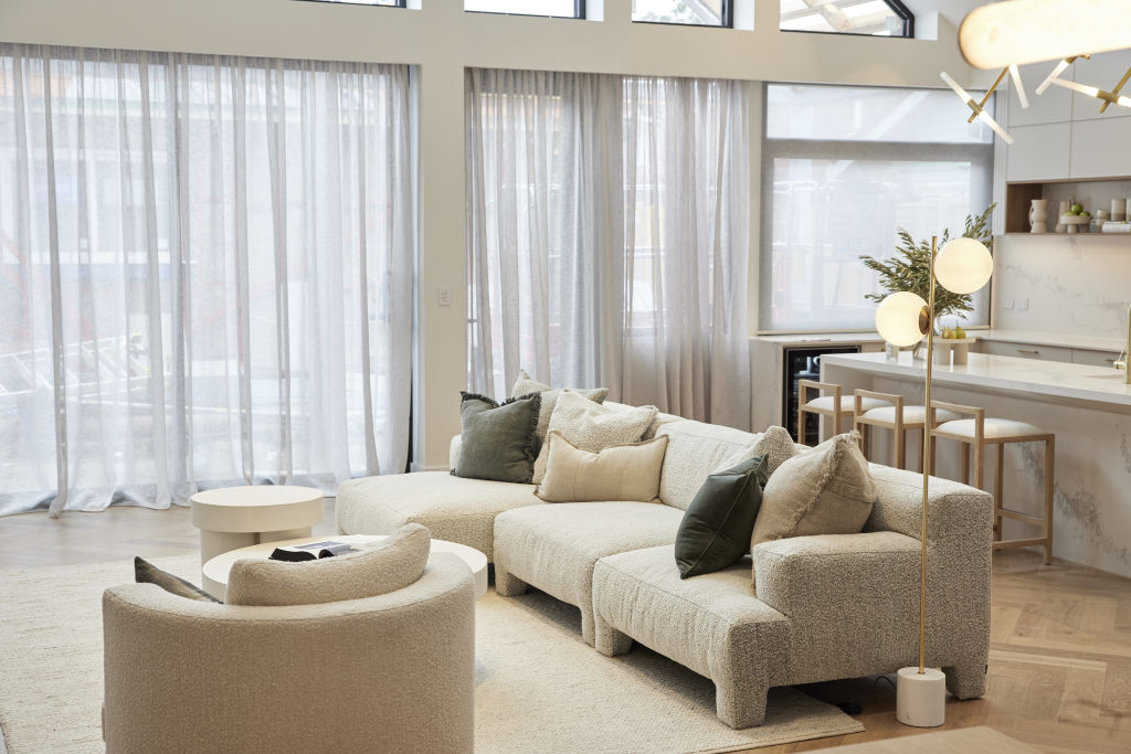 Boucle is the fabric of the moment, and featured in Ronnie and Georgia's living room. Photo: Channel Nine