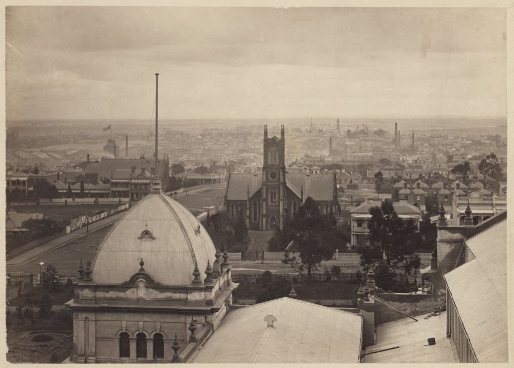 St Andrews Presbyterian Church and manse on Rathdowne Street from the Exhibition building dome. The church was relocated in 1938. Photo: State Library of Victoria