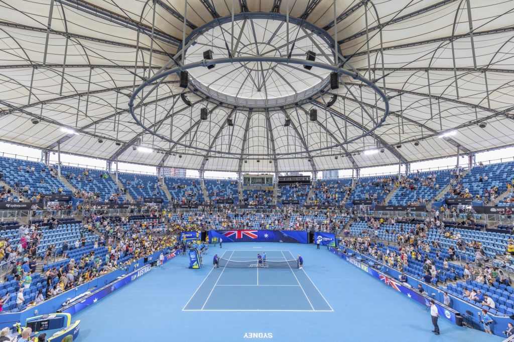 The great roof over the redeveloped Ken Rosewall Arena in Sydney.