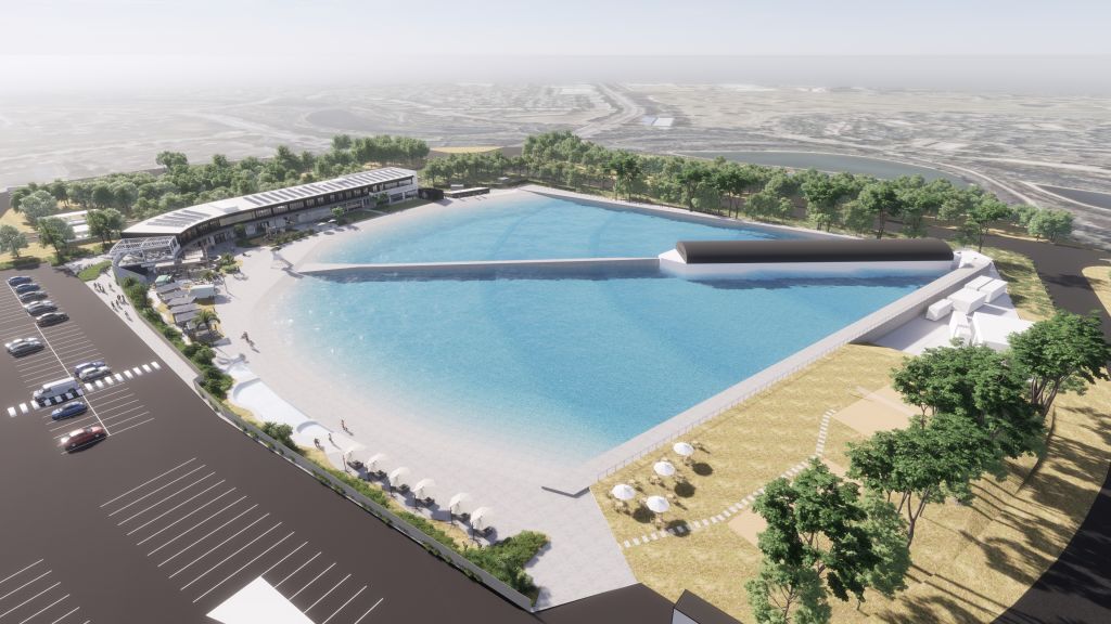 A render of the planned URBNSURF lagoon in western Sydney.