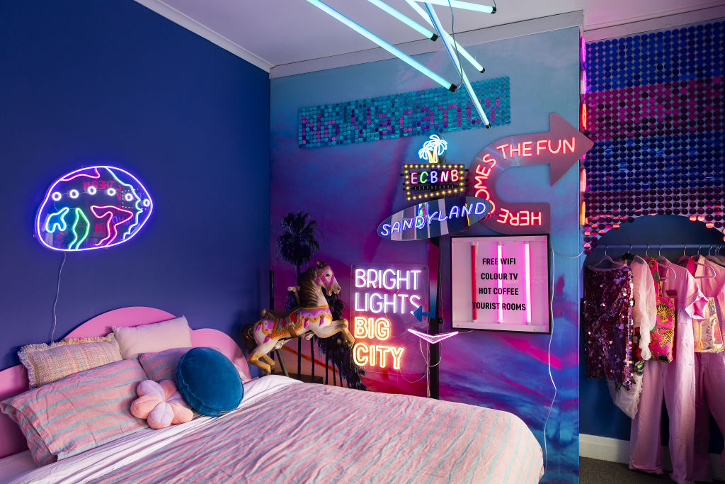 Natalie and Scott Jarvis' neon-filled apartment above their shop, Electric Confetti, in Sandringham. Photo: Charlie Kinross