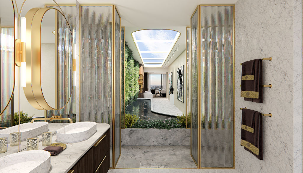 The bathroom of 5702/500 Pacific Highway in St Leonards comes with marble floors, fluted glass and marble basins. Photo: Supplied