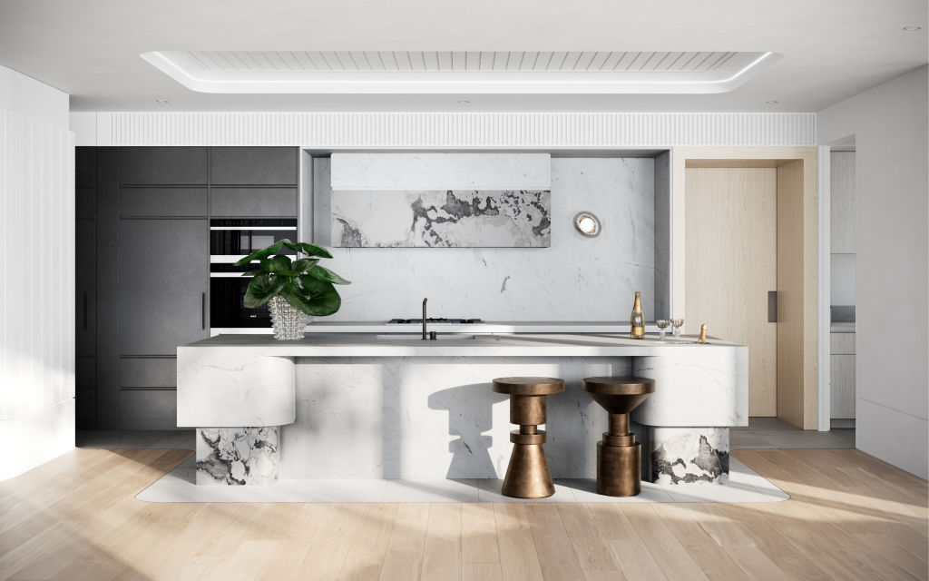 The European-styled kitchen comes with finishes such as marble island benches. Photo: Supplied