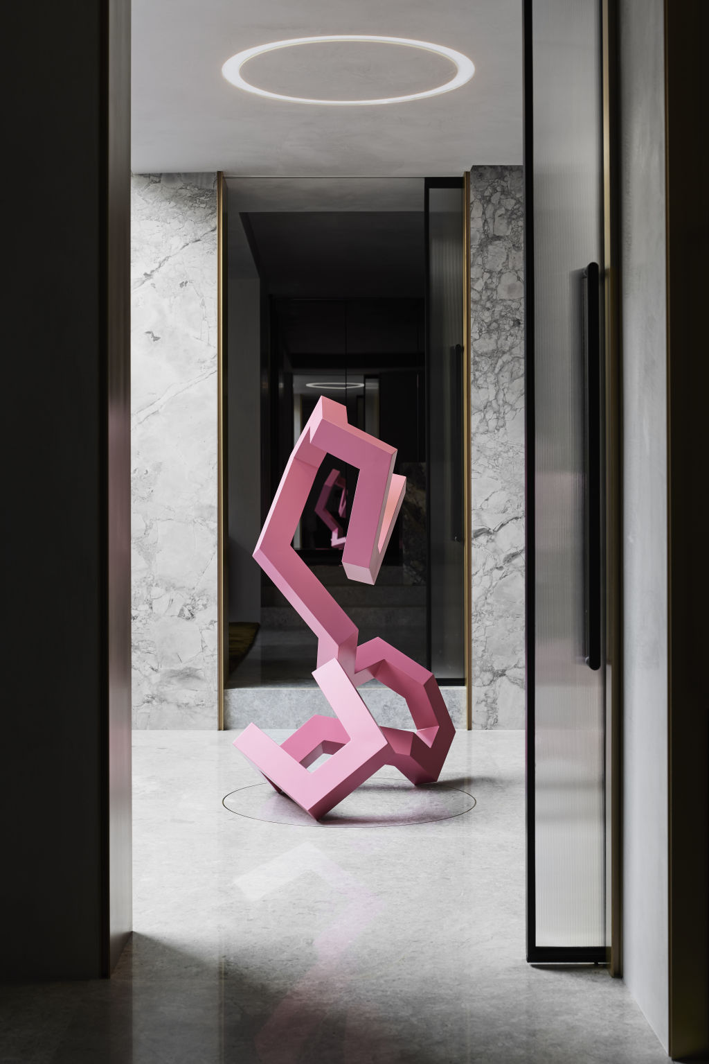 The strict monochromatic scheme allows the artwork to pop. Untitled Pink artwork by Caleb Shae. Photo: Sharyn Cairns