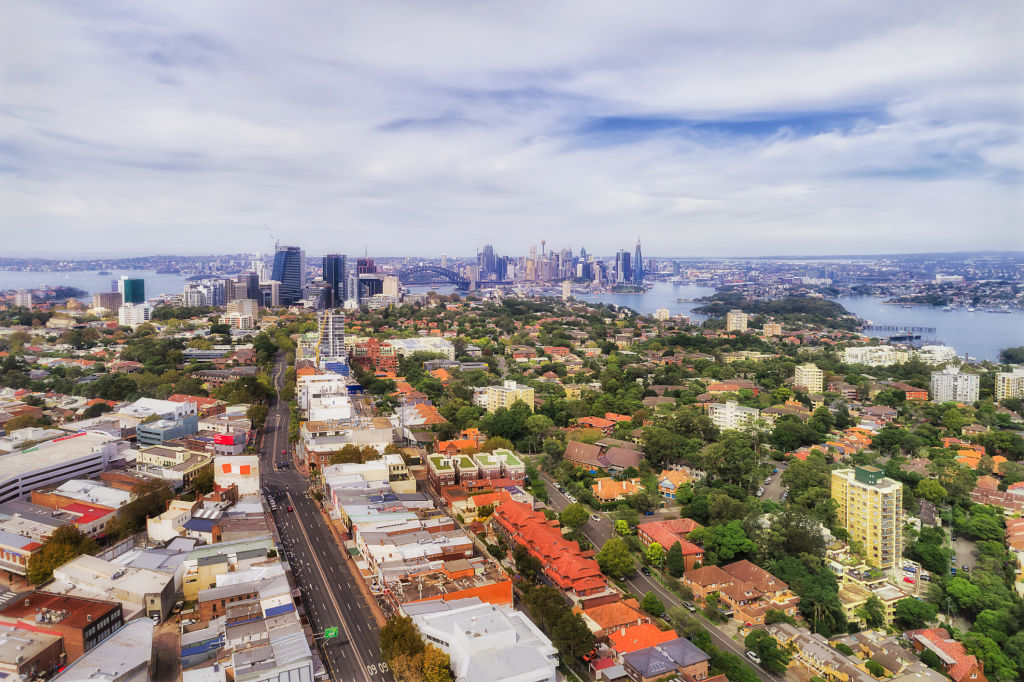 Crows nest residential suburb on Sydney Lower North Shore in aerial view towards city CBD and harbour.