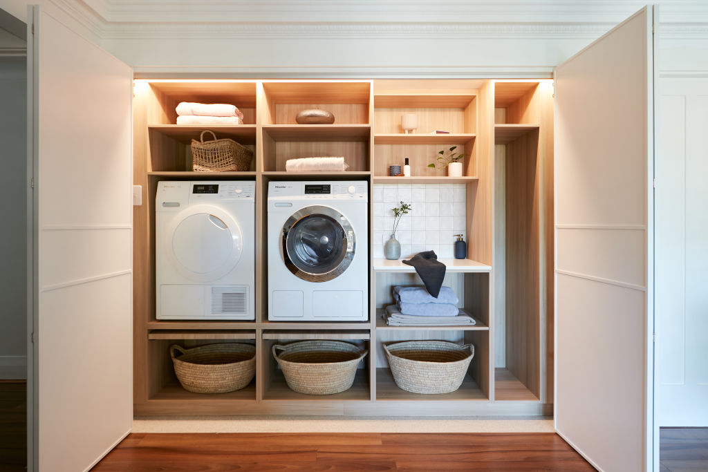 Use baskets or drawers to keep laundry items tidy. Photo: Supplied