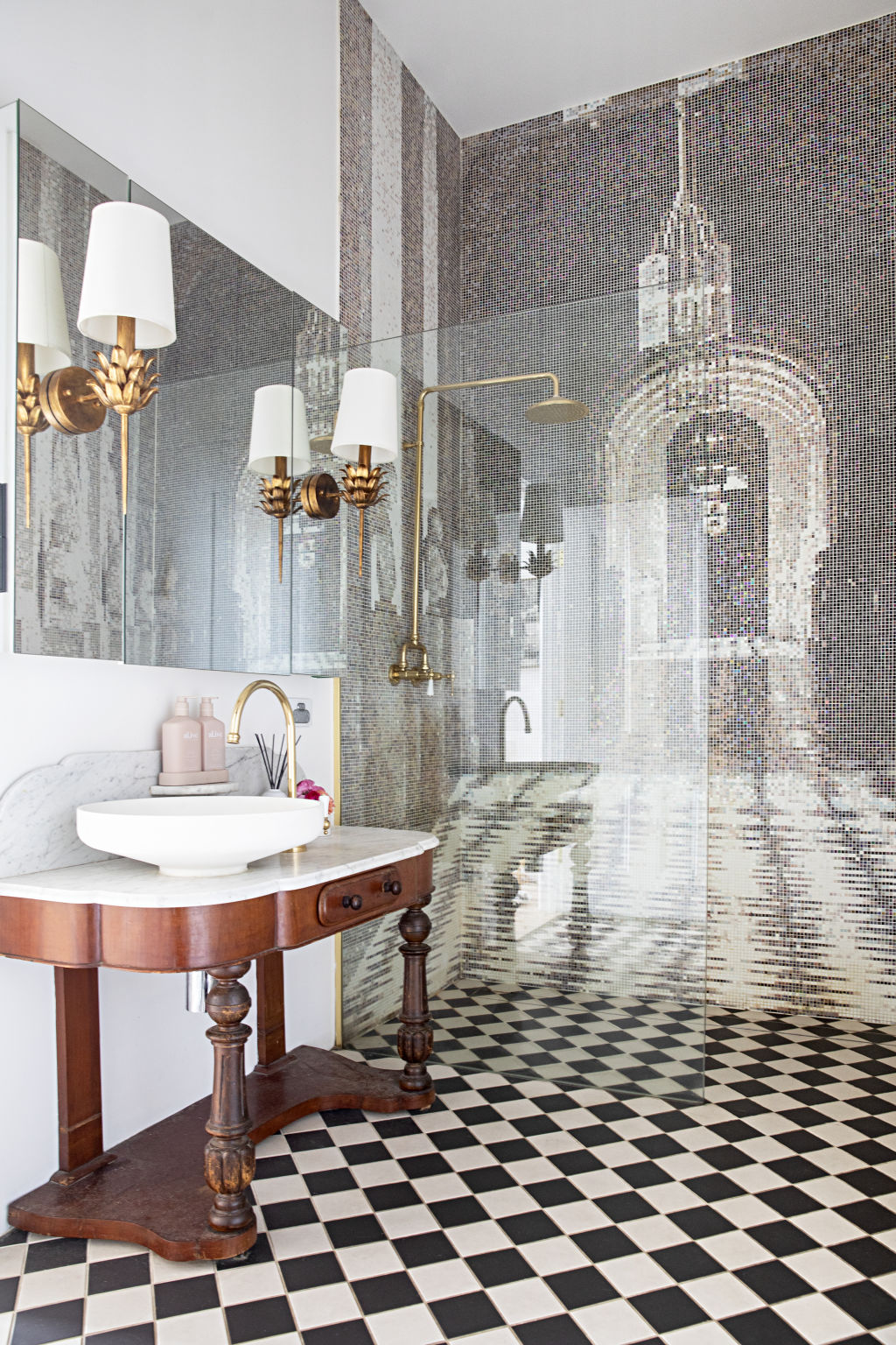 The showstopper second-level bathroom transports you straight to Versailles. Photo: Natalie Jeffcott