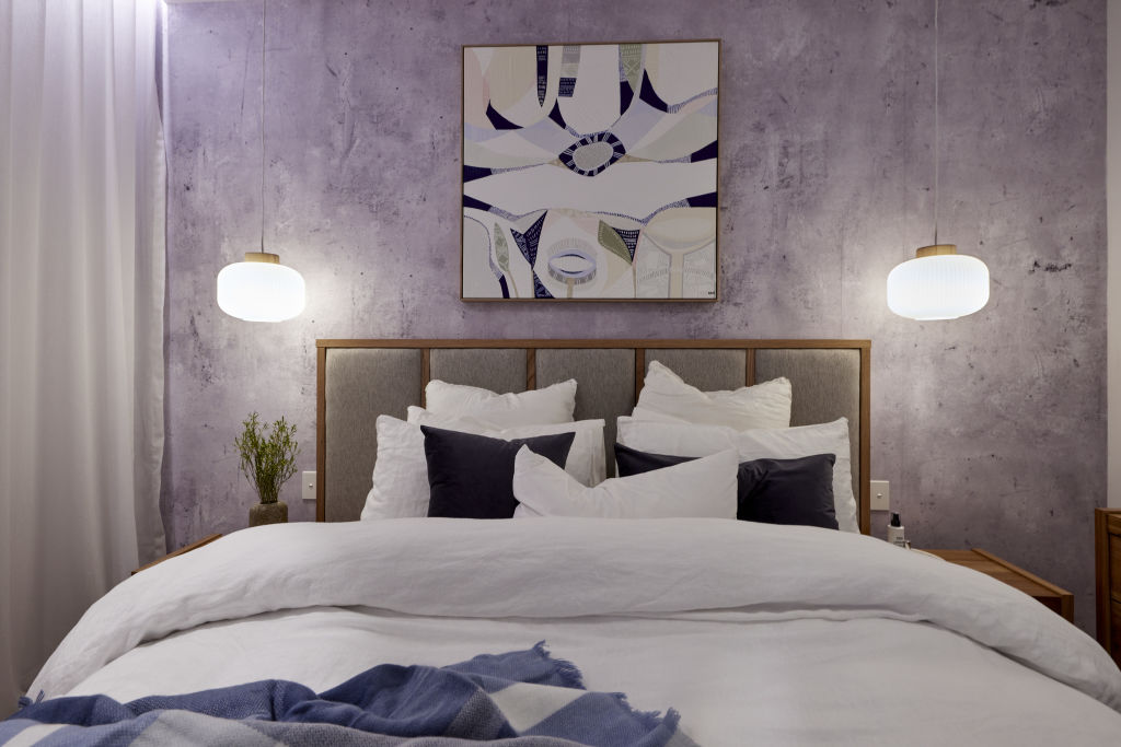 'It's a really nice combination of colours, textures and finishes,' Neale says of Omar and Oz's guest bedroom. Photo: Nine
