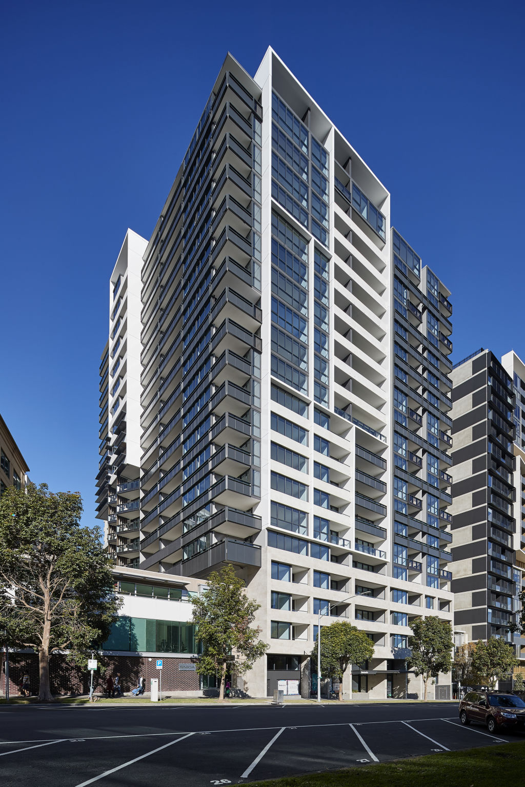 The developer of this Southbank building purchased airspace over a neighbouring building to install cantilevered balconies on the eastern face.  Photo: Supplied
