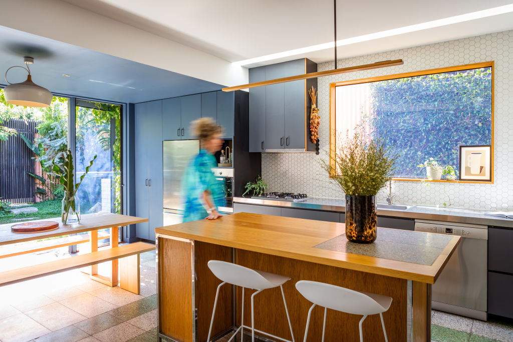 The kitchen’s original green-toned terrazzo floors are timelessly appealing. Photo: Greg Briggs