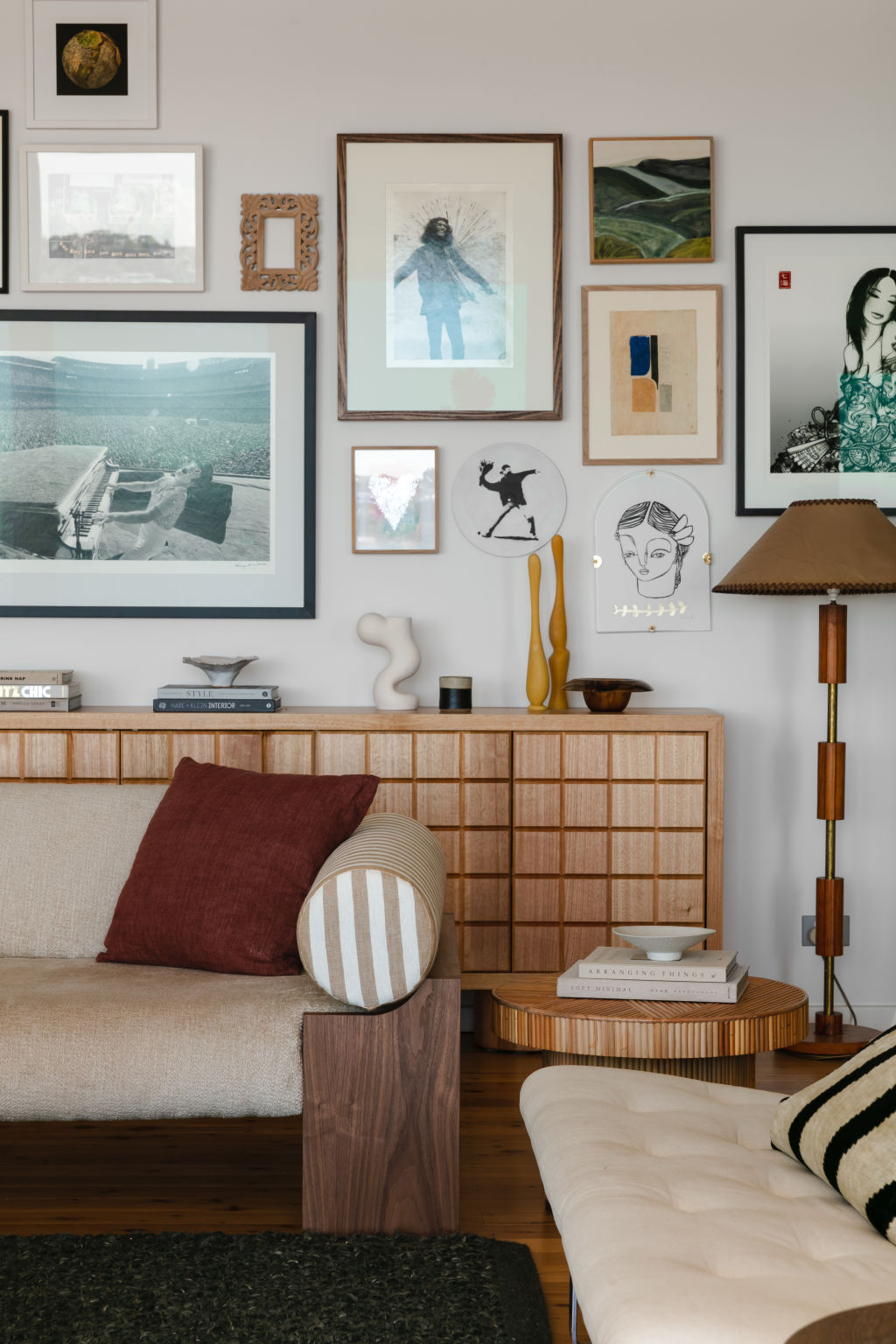 Creativity flourishes throughout the home: the walnut sofa and Tasmanian oak sideboard in the living room were designed by Jones herself. Photo: Trudy Pagden