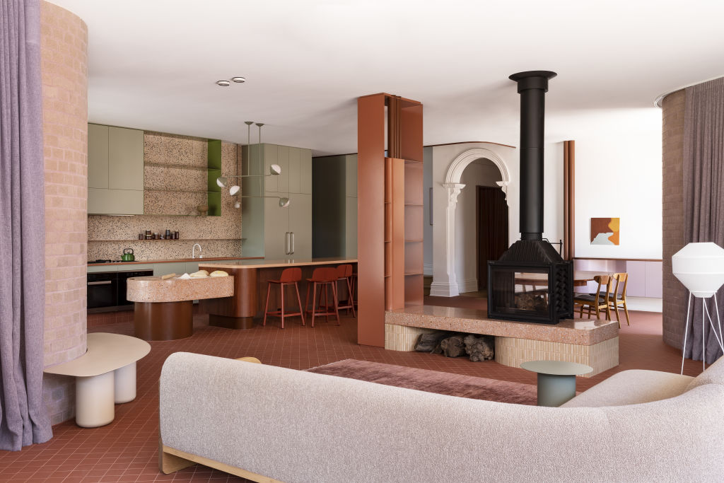 The home's '90s history is evoked by the diagonal terracotta floor tiles. Stylist Ruth Welsby. Photo: Martina Gemmola