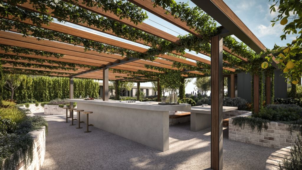 Dining space within the rooftop garden at The Parq, Bexley.
