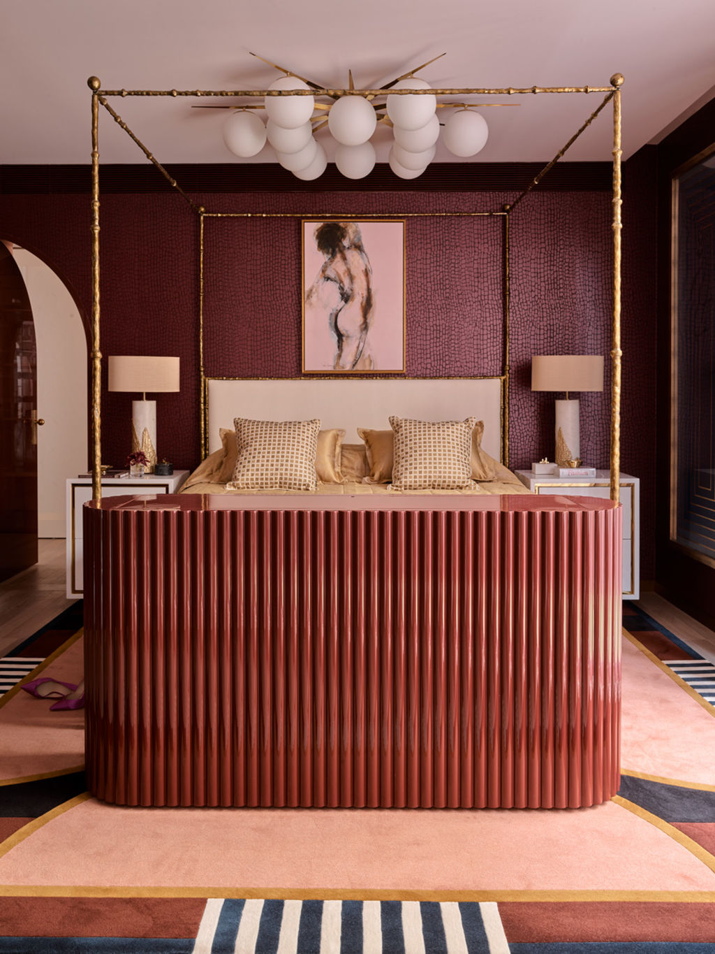 Jewel tones add a lavish effect to Natale's Toorak Penthouse bedroom. Photo: Anson Smart