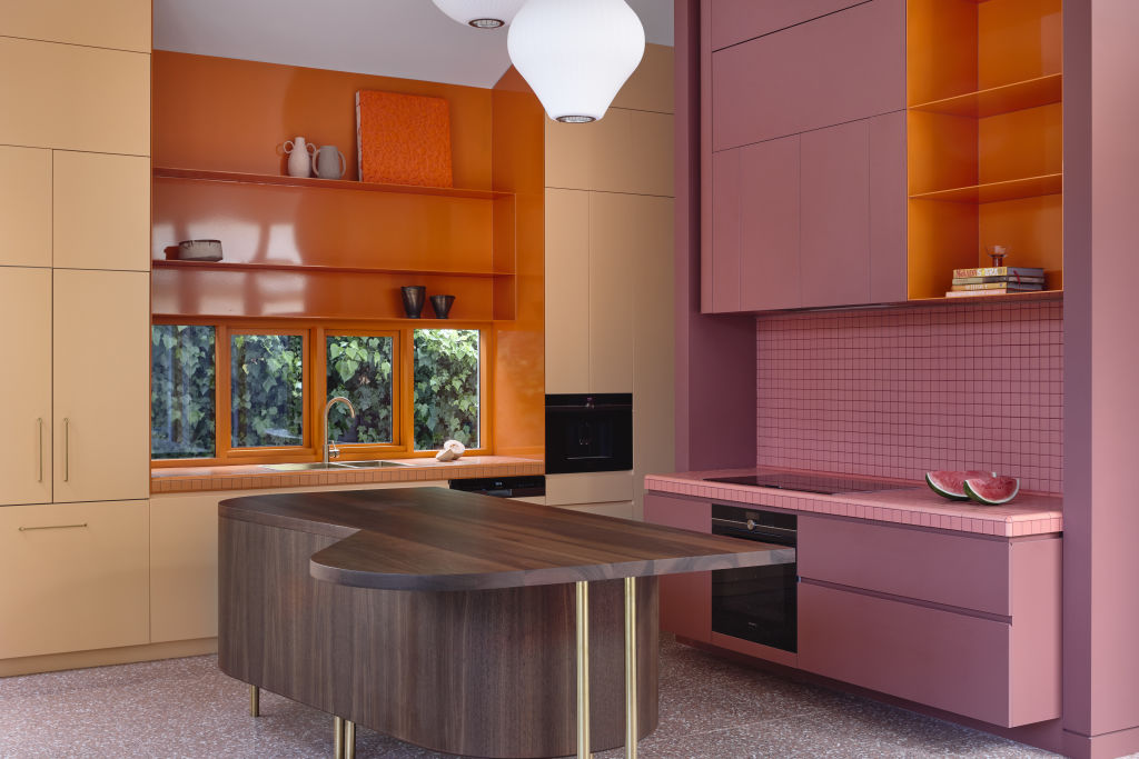 The kitchen in Wowowa's Wrong Champ features pink cabinetry and tiles. Photo: Derek Swalwell