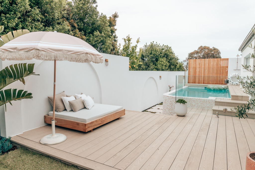 Dahaby's whitewashed deck is the perfect spot for lounging. Photo: Krystal Dahaby
