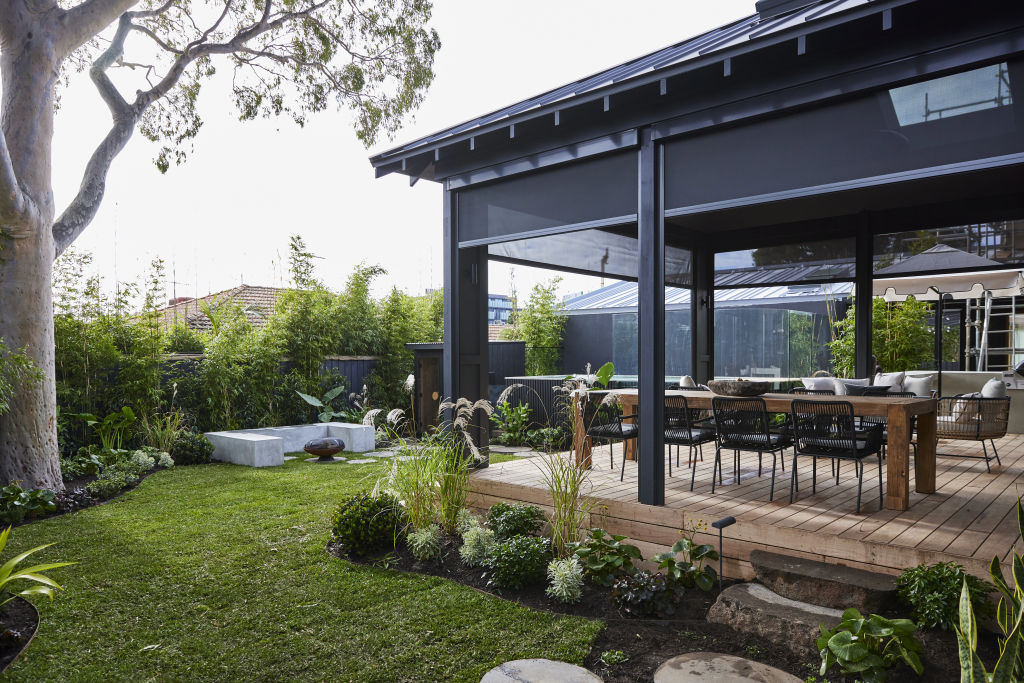 Steph and Gian pulled out all the stops to create an impressive backyard complete with a pizza oven, pool and a sauna, . Photo: Nine