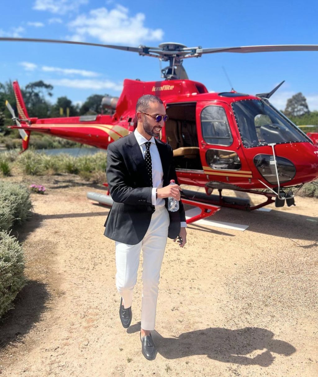 Fady Tossoun, husband of House 3 buyer Amy Tossoun, travelled to and from the auction via a helicopter. Photo: @amy.tossoun / Instagram