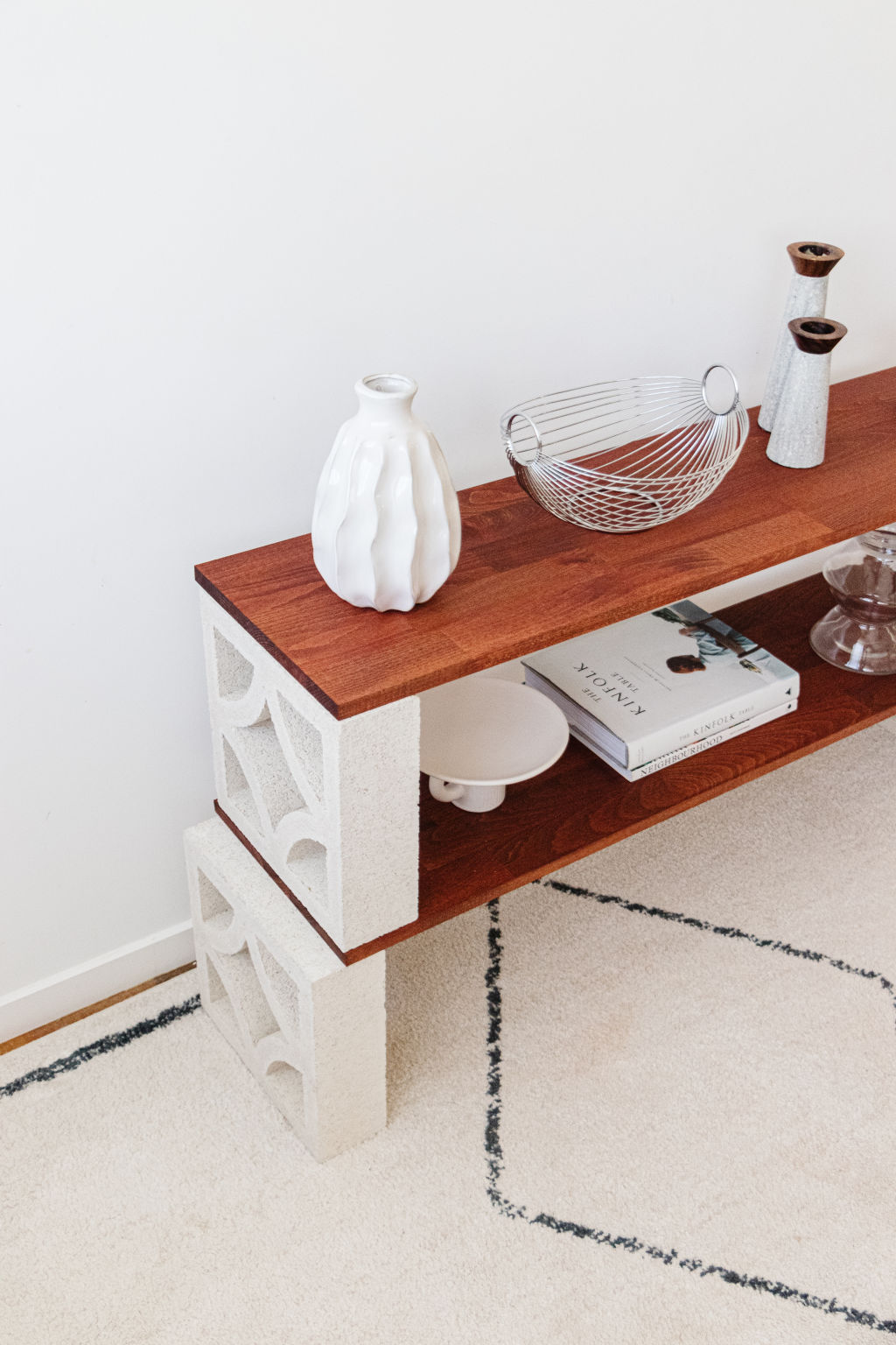 Jaharn Quinn's  DIY breeze-block shelves took 20 minutes to make and wouldn’t look out of place in a glossy interiors magazine. Photo: Dennis Minster