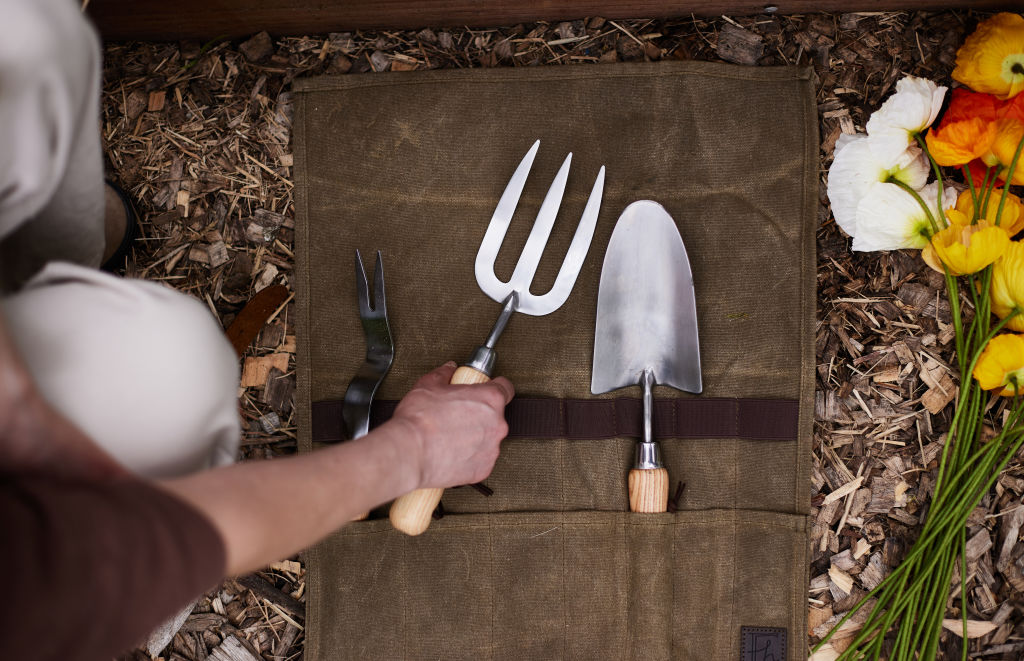 This garden tool kit contains a trowel, hand fork, and weeder. Photo: Supplied