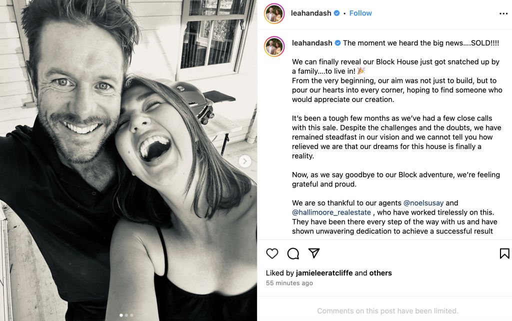 Leah and Ash posted their news on Instagram this morning, expressing their relief that their Block has house finally sold.