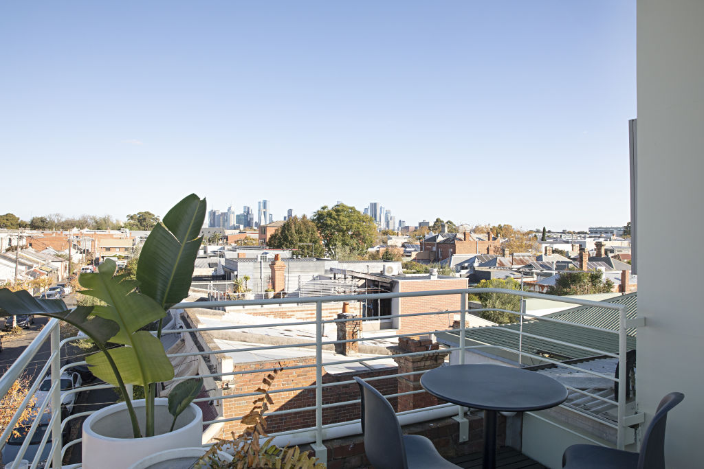 A balcony off the main bedroom faces Melbourne’s CBD.  Photo: Natalie Jeffcott