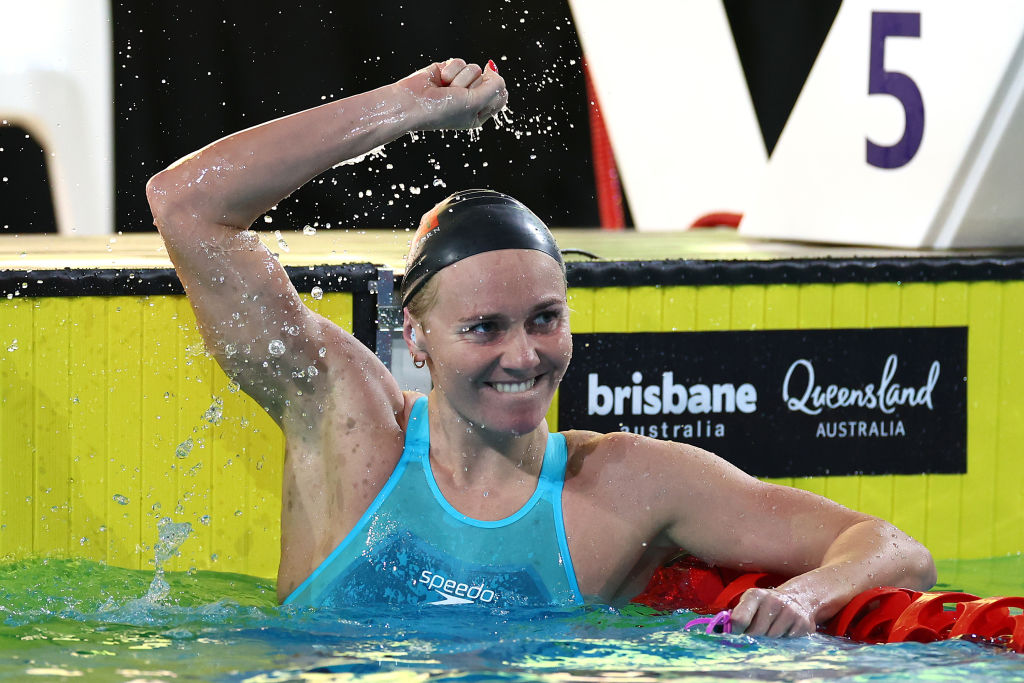 Ariarne Titmus celebrates winning the 200-metre freestyle final at the Australian Olympic team trials in world-record time. Photo: Quinn Rooney