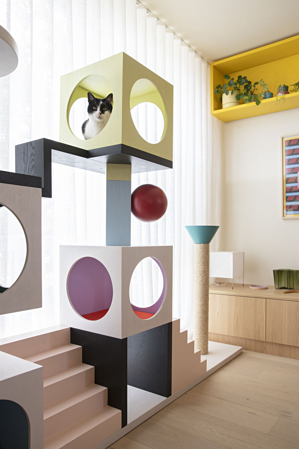 Fritsche's side project Pim Pom Project offers sculptural, multicoloured cat towers.