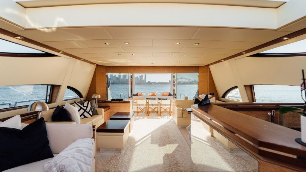 The luxury cabin includes a cinema room and lounges. Photo: Ray White Marine