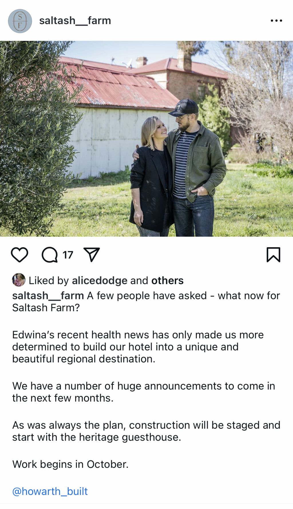 Edwina Bartholomew and her husband Neil Varcoe update followers on the progress of their hotel build, Saltash Farm, on Instagram on September 7. Photo: Instagram @Saltash_Farm