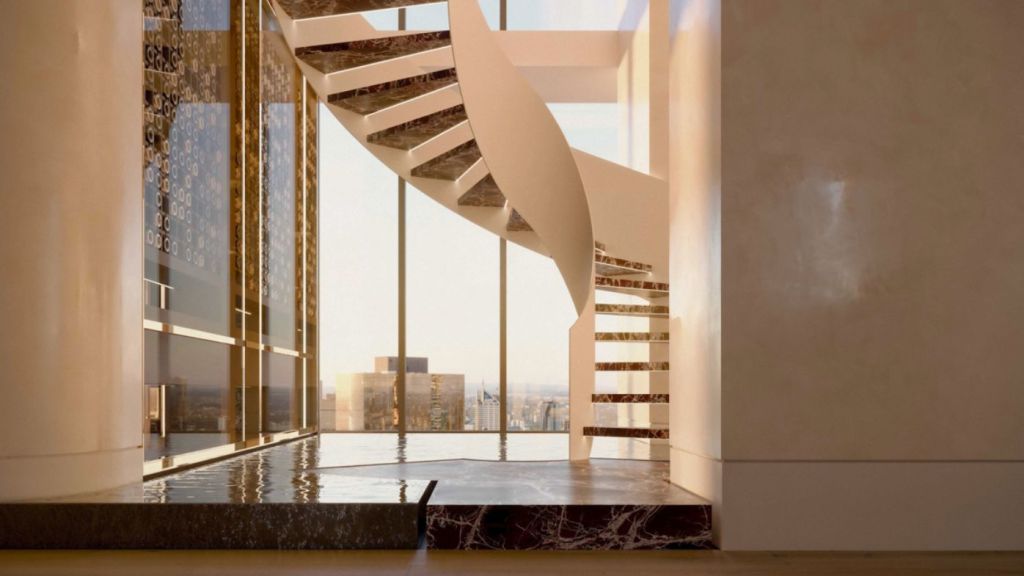 The Garnet penthouse staircase and reflection pond, the largest apartment in the BLVD Penthouse Collection. Photo: OSK Property