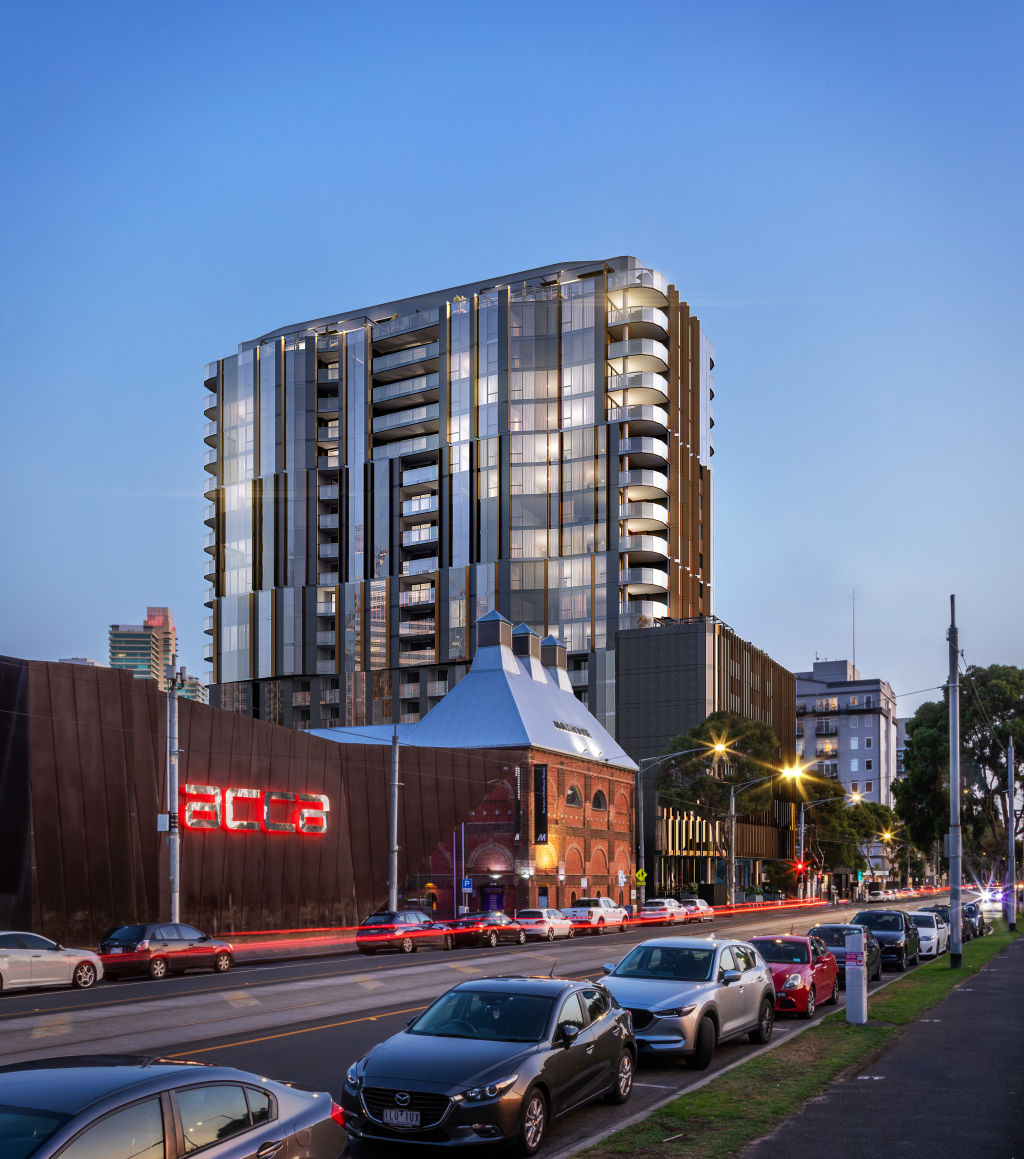 The curved, sculptural facade of Aria Melbourne behind the ACCA. Photo: Artist's impression.