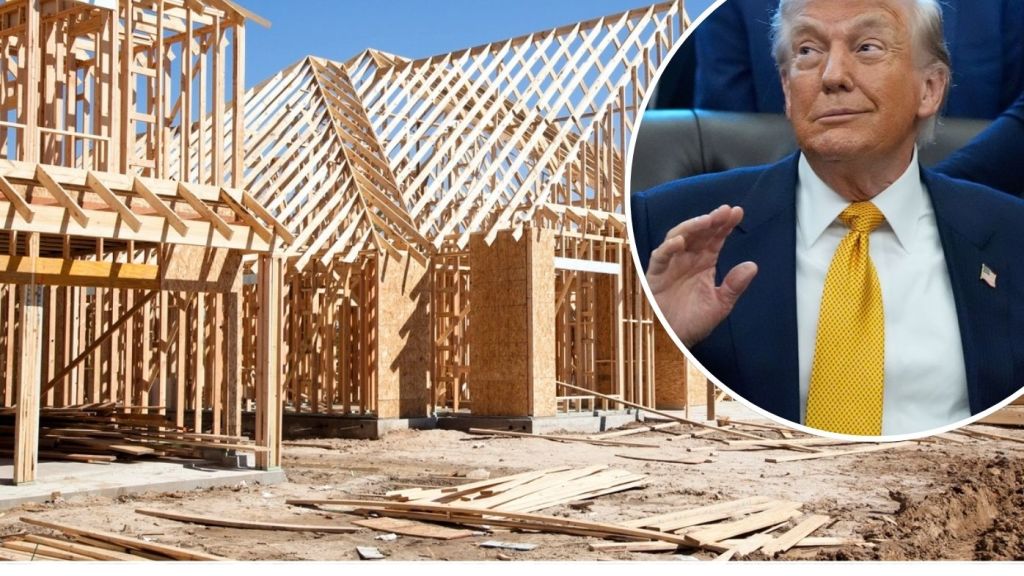 Split image: Left the frames of new homes. Right photo US President Donald Trump.