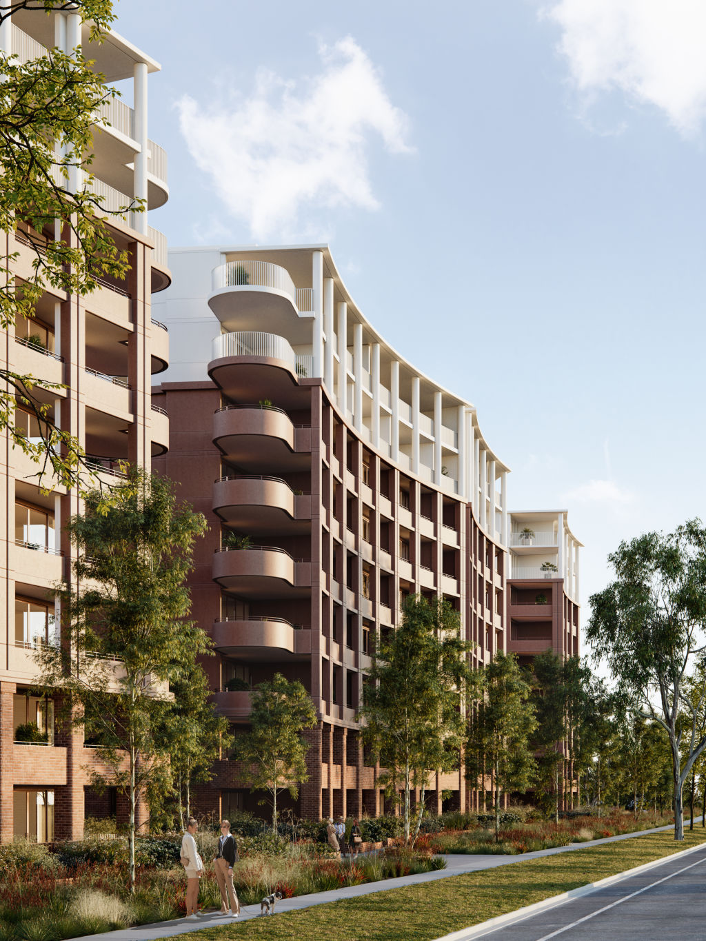 Three contemporary high-rise buildings with curved balconies.