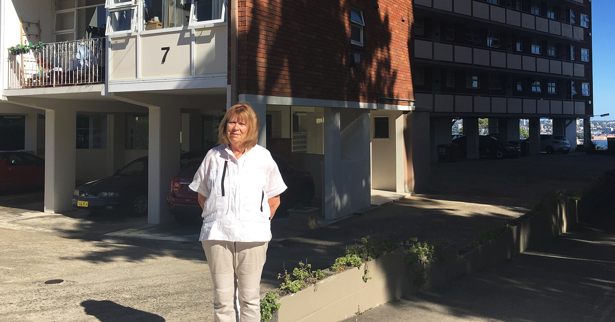 Jan Newland outside her apartment block in Neutral Bay.